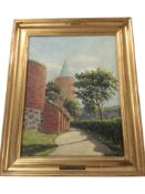C Balken : Path leading to a red brick tower, oil on canvas,