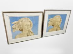 A pair of continental prints depicting a lady wearing a headscarf, 58cm x 48cm.