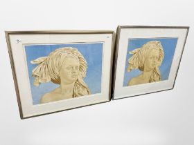 A pair of continental prints depicting a lady wearing a headscarf, 58cm x 48cm.