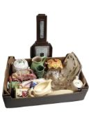 A box containing oak barometer, Maling lustre ceramics, glass wares, Sylvac vase.