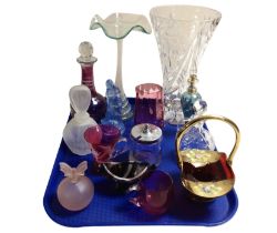 A group of clear and coloured glassware including Mary Gregory-style mug, scent bottles,
