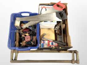 Two boxes containing woodworking planes including Stanley and other joinery tools,