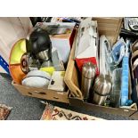 Two boxes of kitchen and other homewares including flasks, electric cooker, slow cooker,