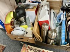 Two boxes of kitchen and other homewares including flasks, electric cooker, slow cooker,