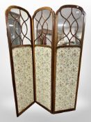 A late Victorian mahogany and satinwood inlaid three-fold screen,