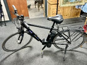 A unisex Kalkhoff Impulse electric bike, 20' frame, with charger, two keys, and battery pack.