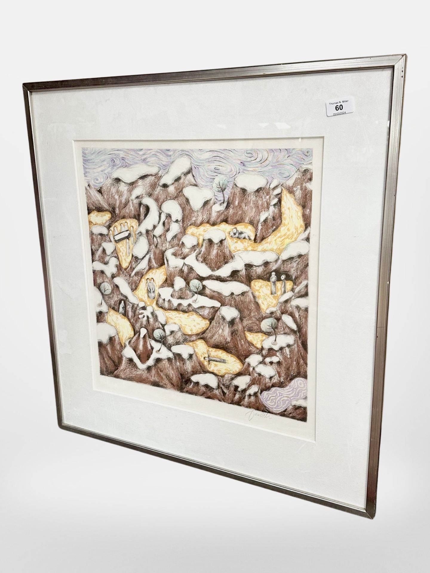 Danish school : Mountainous landscape with figures, colour print, 46cm x 50cm, indistinctly signed.