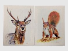 Two prints on canvas after Jane Bannon depicting a stag and a squirrel,