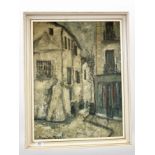 A continental print on canvas depicting figures in a lane, 40cm x 53cm.