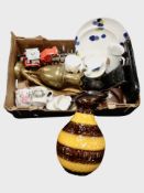A box of assorted ceramics, West German bulbous vase, silver-plated toast rack, ornaments.