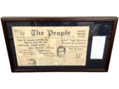 A framed edition of 'The People Newspaper, from Sunday February 25th 1940, overall 34cm x 59cm.