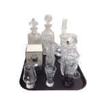A group of lead crystal decanters, boxed Wedgwood crystal vase, etc.
