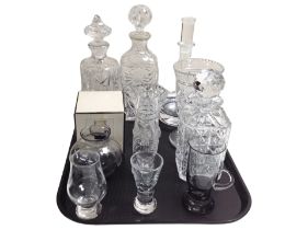 A group of lead crystal decanters, boxed Wedgwood crystal vase, etc.