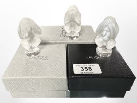 A set of three Lalique monkeys, 'See No Evil, Hear No Evil, Speak No Evil',