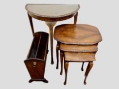 A reproduction beech demi-lune hall table, a reproduction carved beech nest of three tables,