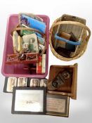 A group of wicker baskets, oak wall shelf, bookends, tins, ephemera.