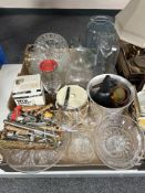 Two boxes containing glass wares, wine cooler, soda siphon, cutlery, etc.