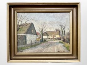 Danish school : Farm buildings on a lane, oil on canvas, 34cm x 26cm.