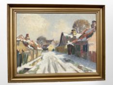 Danish school : Buildings by a lane, oil on canvas, 39cm x 29cm, indistinctly signed.