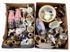 Two boxes containing assorted ceramics, Wedgwood Jasperware pin dishes, pair of Maling lustre jugs,