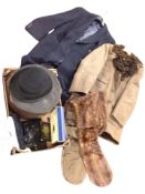 Two boxes containing a bowler hat, faux fur coat, purses, ladies' mink stole, etc.