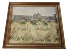 Danish School : Haystacks with town beyond, oil on canvas, 37 cm x 44 cm,