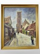 Danish school : Figures in a street, oil on canvas, 38cm x 46cm.