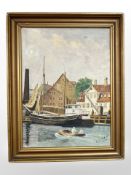 P Nielsen : Boats on a canal, oil on canvas, 29cm x 39cm.