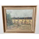J Stolg : A hare beside a fence, oil on canvas, 39cm x 32cm.