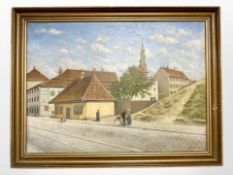 W Hansen : Figures on a cobbled street with a view of the Church of Our Saviour, Copenhagen,