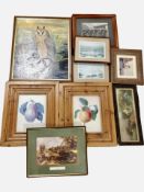 A box of antiquarian and later pictures and prints, oil painting of an owl,