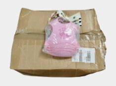 A box containing plastic baby bibs.