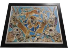 Clare Fowler-Potts : A Madness of Hares, oil on canvas laid to board, 40cm x 50cm.
