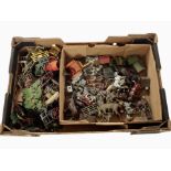 A box of vintage painted diecast metal farm animals and structures, etc.