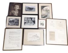 A group of framed pictures and documents including ephemera relating to Lieutenant L C Cooper of