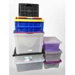 A group of plastic storage boxes.