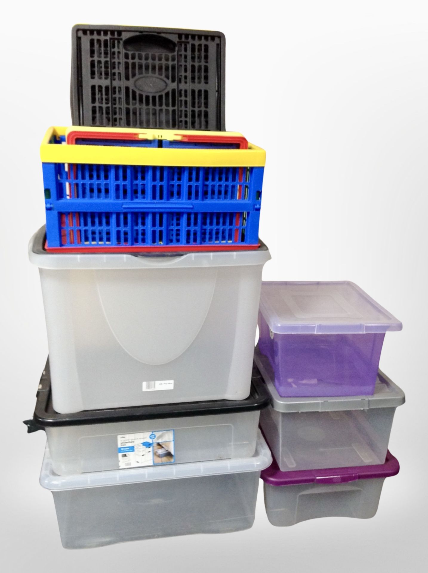 A group of plastic storage boxes.