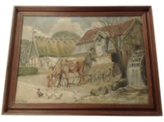 Danish school : Two labourers with work horses and ducks, oil on canvas,