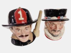 Two Royal Doulton character jugs, 'Beefeater' D6206 and 'The Fireman' D6697.