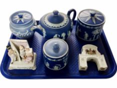 Four pieces of Wedgwood blue and white Jasperware, and two further ornaments.