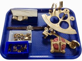 A brass sextant, together with other items including wristwatches, money box, cufflinks, etc.