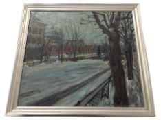 Kurt A* : A winter street scene, oil on canvas, 37cm x 40cm, indistinclty signed and dated '52.