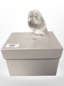 A Lalique owl, height 9cm, signed 'Lalique France' to base, boxed.