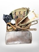 A box containing pine wall rack, brass trumpet, vintage leather doctor's-style bag, gilt mirror,