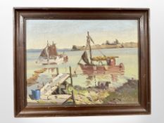 Danish school : Fishing boats at low tide, oil on canvas, 41cm x 31cm.