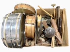 Two boxes containing assorted percussive instruments, drums, cymbals, recorder, etc.