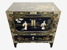 A Japanese style lacquered and hardstone inlaid low cabinet,