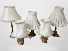 Five various brass and glass table lamps
