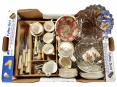A box containing Royal Doulton Wilton tea china, crystal bowls, assorted cutlery.