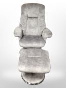 A contemporary swivel armchair and footstool in grey suede fabric